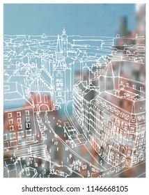 Scene street illustration. Hand drawn ink line sketch European old town Munich, Germany  with buildings, roofs in outline style. Ink drawing of cityscape, perspective panorama view. Travel postcard.