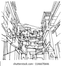 Scene street  illustration. Hand drawn ink line sketch of Rio de Janeiro favela,slums, Brazil. Postcards design in outline style, perspective view.