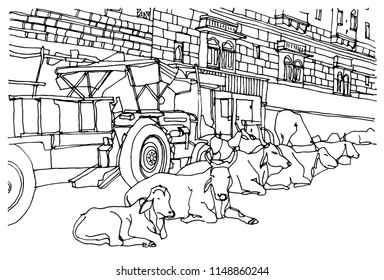 Scene street illustration. Hand drawn ink line sketch Indian town Jaisalmer,India with buildings,desert, cityscape  in outline style perspective view. Postcards design.