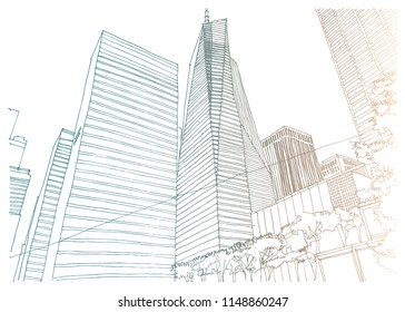 Scene street illustration. Hand drawn ink line sketch Chicago, USA with buildings, windows, cityscape, people, cars  in outline style perspective view. Postcards design.