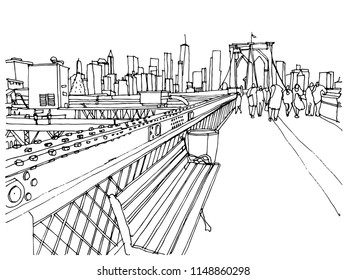 Scene street illustration. Hand drawn ink line sketch New York city, USA with buildings, cityscape, people, cars  in outline style perspective view. Panorama perspective postcards design.