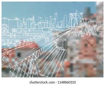Scene street illustration. Hand drawn ink line sketch New York city, USA with buildings, cityscape, people, cars  in outline style perspective view. Panorama perspective postcards design.