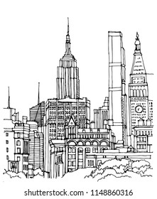 Scene street illustration. Hand drawn ink line sketch New York city, USA with buildings, windows, cityscape, people, cars  in outline style perspective view. Panorama perspective postcards design.