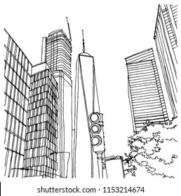 Scene street illustration. Hand drawn ink line sketch New York city, USA with buildings, windows, cityscape, people, cars  in outline style perspective view. Panorama perspective postcards design.