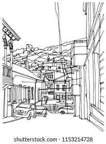 Scene street illustration. Hand drawn ink line sketch  old town Tbilisi, Georgia  with buildings, roofs, mountains in outline style. Ink drawing of cityscape, perspective view. Travel postcard.