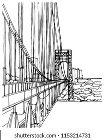 Scene street illustration. Hand drawn ink line sketch New York city, USA with buildings, windows, cityscape, people, cars  in outline style perspective view. Panorama perspective postcards design.
