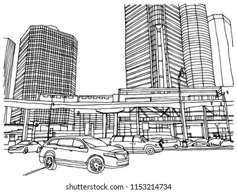 Scene Street Illustration. Hand Drawn Ink Line Sketch Detroit,Michigan, USA With Buildings, Windows, Cityscape, People, Cars  In Outline Style Perspective View. Panorama Perspective Postcards Design.