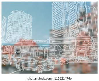 Scene Street Illustration. Hand Drawn Ink Line Sketch Detroit,Michigan, USA With Buildings, Windows, Cityscape, People, Cars  In Outline Style Perspective View. Panorama Perspective Postcards Design.