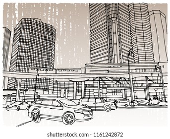 Scene Street Illustration. Hand Drawn Ink Line Sketch Detroit,Michigan, USA With Buildings, Windows, Cityscape, People, Cars  In Outline Style Perspective View. Panorama Perspective Postcards Design.