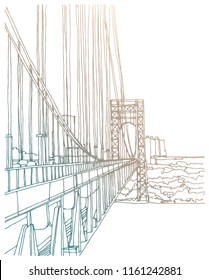 Scene street illustration. Hand drawn ink line sketch New York city, USA with buildings, windows, cityscape, people, cars  in outline style perspective view. Panorama perspective postcards design.