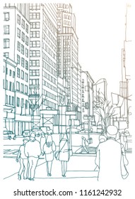 Scene street illustration. Hand drawn ink line sketch New York city, USA with buildings, windows, cityscape, people, cars  in outline style perspective view. Panorama perspective postcards design.