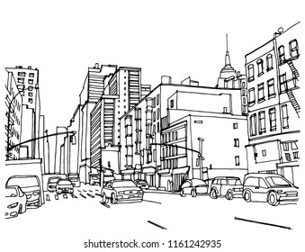 Scene street illustration. Hand drawn ink line sketch New York city, USA with buildings, windows, cityscape, people, cars  in outline style perspective view. Panorama perspective postcards design.