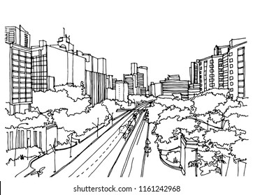 Scene street  illustration. Hand drawn ink line sketch of Sao paulo, Brazil. Postcards design in outline style, panorama view.