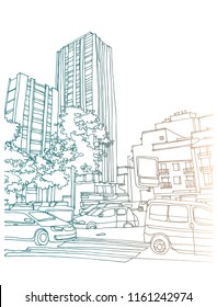 Scene street illustration. Hand drawn ink line sketch Tenerife, Canary Islands, Spain  with buildings, ships in outline style. Ink drawing of cityscape, perspective view. Travel postcard.