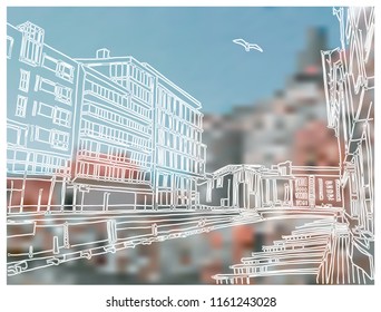 Scene street illustration. Hand drawn ink line sketch European old town, Oslo, Norway with buildings, ships in outline style. Ink drawing of cityscape, perspective view. Travel postcard.