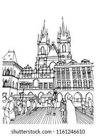 Scene street illustration. Hand drawn ink line sketch European old town Prague, Czech Republic  with buildings, roofs in outline style. Ink drawing of cityscape, perspective view. Travel postcard.