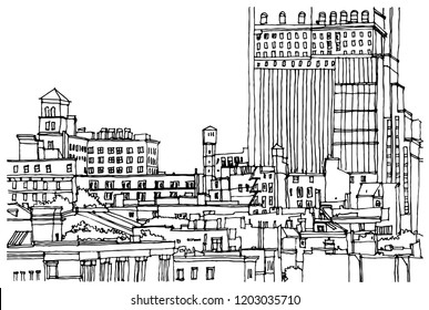 Scene street illustration. Hand drawn ink line sketch New York city, USA with buildings, windows, cityscape, people, cars  in outline style perspective view. Panorama perspective postcards design.