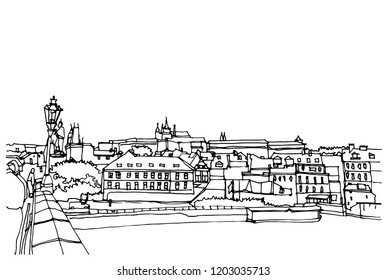 Scene street illustration. Hand drawn ink line sketch European old town Prague , Czech Republic with buildings, bridge in outline style. Ink drawing of cityscape, perspective view. Travel postcard.