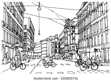 Scene Street Illustration. Hand Drawn Ink Line Sketch European Old Town Copenhagen, Denmark With Buildings, Ships In Outline Style. Ink Drawing Of Cityscape, Perspective View. Travel Postcard.