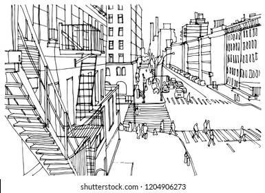 Scene street illustration. Hand drawn ink line sketch New York city, USA with buildings, windows, cityscape, people, cars  in outline style perspective view. Panorama perspective postcards design.
