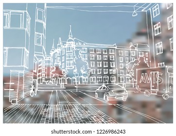 Scene street illustration. Hand drawn ink line sketch European old town, historical architecture  with buildings, roofs in outline style. Ink drawing of cityscape, perspective view. Travel postcard.