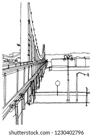 Scene street illustration. Hand drawn ink line sketch Moscow,  Russian Federation with buildings, street cityscape, river in outline style perspective view. Postcards design.
