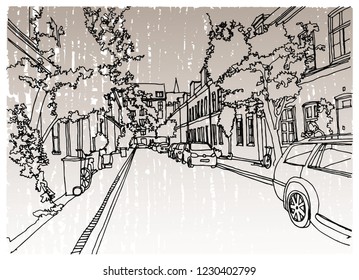 Scene street illustration. Hand drawn ink line sketch European old town Berlin, Germany  with buildings, roofs in outline style. Ink drawing of cityscape, perspective view. Travel postcard.