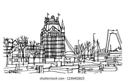 Scene street illustration. Hand drawn ink line sketch European old town Prague, Czech Republic  with buildings, roofs in outline style. Ink drawing of cityscape, perspective view. Travel postcard.
