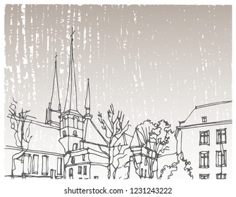 Scene street illustration. Hand drawn ink line sketch European old town Prague, Czech Republic  with buildings, roofs in outline style. Ink drawing of cityscape, perspective view. Travel postcard.