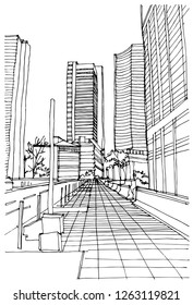 Scene street illustration. Hand drawn ink line sketch New York city, with buildings, windows, cityscape  in outline style perspective view. Postcards design.