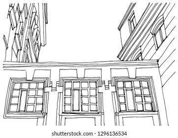 Scene street illustration. Hand drawn ink line sketch European old town, historical architecture  with buildings, roofs in outline style. Ink drawing of cityscape, perspective view. Travel postcard.