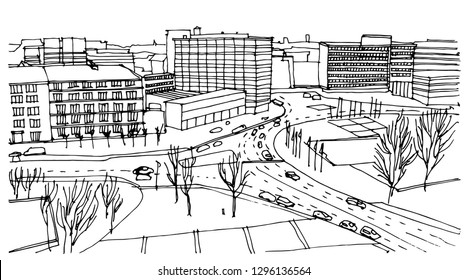 Scene street illustration. Hand drawn ink line sketch European old town Berlin , Germany  with buildings, roofs in outline style. Ink drawing of cityscape, perspective view. Travel postcard.