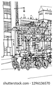 Scene street illustration. Hand drawn ink line sketch European old town Berlin , Germany  with buildings, roofs in outline style. Ink drawing of cityscape, perspective view. Travel postcard.