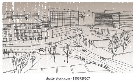 Scene street illustration. Hand drawn ink line sketch European old town Berlin , Germany  with buildings, roofs in outline style. Ink drawing of cityscape, perspective view. Travel postcard.