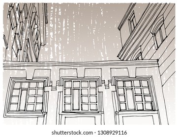 Scene street illustration. Hand drawn ink line sketch European old town, historical architecture  with buildings, roofs in outline style. Ink drawing of cityscape, perspective view. Travel postcard.