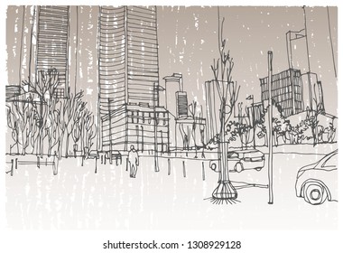 Scene street illustration. Hand drawn ink line sketch European old town Frankfurt , Germany  with buildings, roofs in outline style. Ink drawing of cityscape, perspective view. Travel postcard.