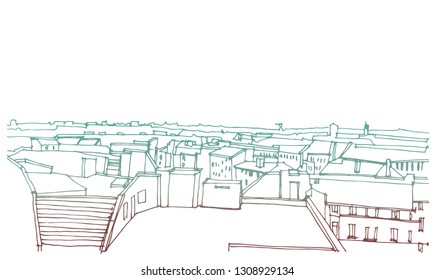 Scene street illustration. Hand drawn ink line sketch European old town Berlin , Germany  with buildings, roofs in outline style. Ink drawing of cityscape, perspective view. Travel postcard.