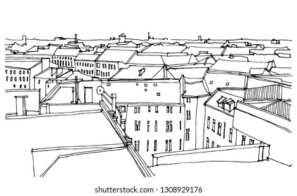 Scene street illustration. Hand drawn ink line sketch European old town, historical architecture  with buildings, roofs in outline style. Ink drawing of cityscape, birds eye view. Travel postcard.