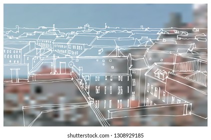 Scene street illustration. Hand drawn ink line sketch European old town, historical architecture  with buildings, roofs in outline style. Ink drawing of cityscape, birds eye view. Travel postcard.