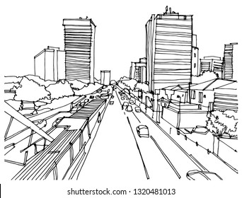 Scene street  illustration. Hand drawn ink line sketch of Sao Paulo, Brazil. Postcards design in outline style, panorama view.