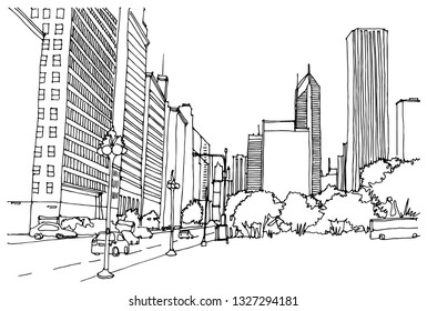 Scene street illustration. Hand drawn ink line sketch Chicago, USA with buildings, windows, cityscape, people, cars  in outline style perspective view. Postcards design.