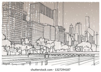 Scene street illustration. Hand drawn ink line sketch Chicago, USA with buildings, windows, cityscape, people, cars  in outline style perspective view. Postcards design.