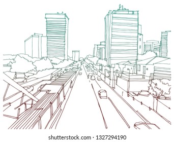 Scene street  illustration. Hand drawn ink line sketch of Sao Paulo, Brazil. Postcards design in outline style, panorama view.