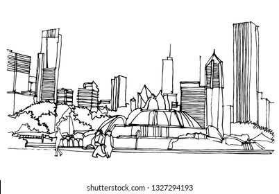 Scene street illustration. Hand drawn ink line sketch Chicago, USA with buildings, windows, cityscape, people, cars  in outline style perspective view. Postcards design.