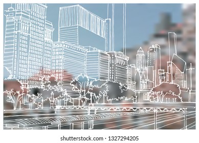 Scene street illustration. Hand drawn ink line sketch Chicago, USA with buildings, windows, cityscape, people, cars  in outline style perspective view. Postcards design.