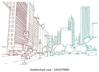 Scene street illustration. Hand drawn ink line sketch Chicago, USA with buildings, windows, cityscape, people, cars  in outline style perspective view. Postcards design.