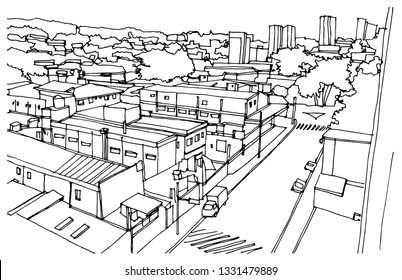 Scene street  illustration. Hand drawn ink line sketch of Sao Paulo, Brazil. Postcards design in outline style, panorama view.