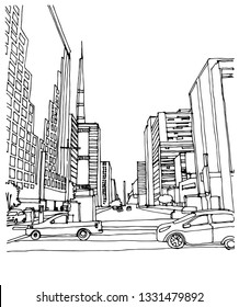 Scene street  illustration. Hand drawn ink line sketch of Sao Paulo, Brazil. Postcards design in outline style, panorama view.