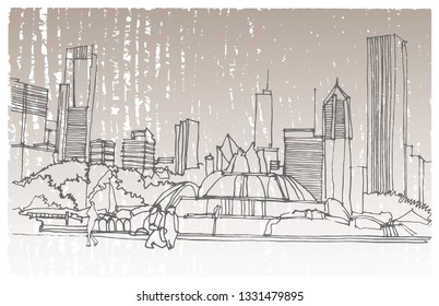 Scene street illustration. Hand drawn ink line sketch Chicago, USA with buildings, windows, cityscape, people, cars  in outline style perspective view. Postcards design.