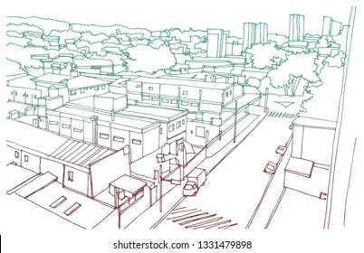 Scene street  illustration. Hand drawn ink line sketch of Sao Paulo, Brazil. Postcards design in outline style, panorama view.